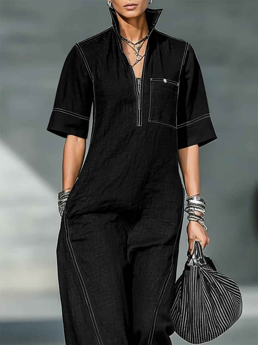 Loose Short Sleeves Pockets Solid Color Zipper Stand Collar Jumpsuits