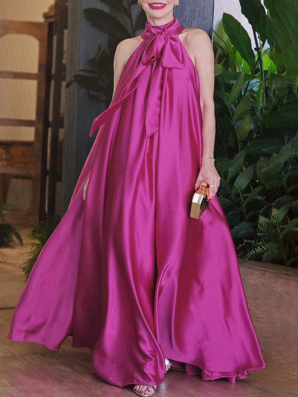 Loose Sleeveless Pockets Solid Color Tied Halter-Neck Jumpsuits