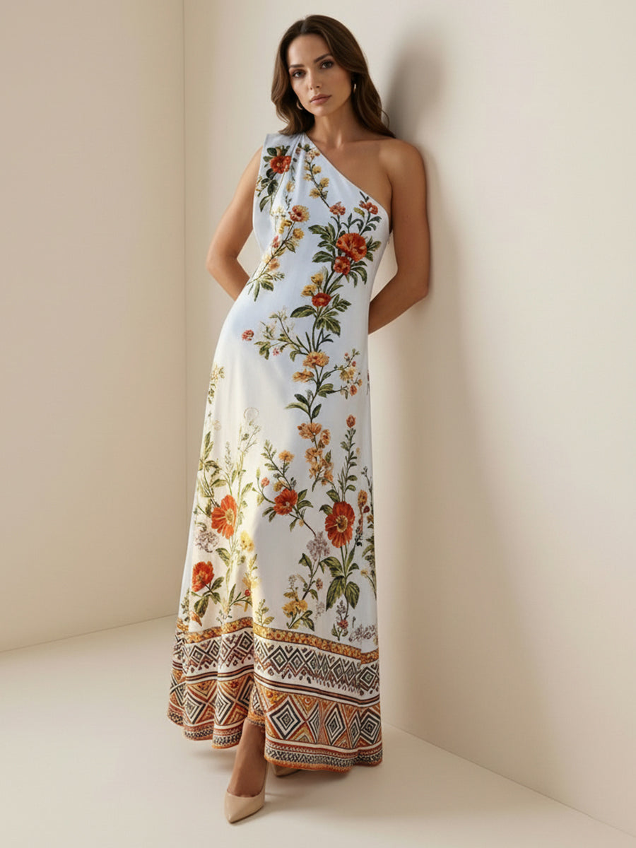 A-Line Sleeveless Contrast Color Flower Print Geometric Split-Joint One-Shoulder Maxi Dresses