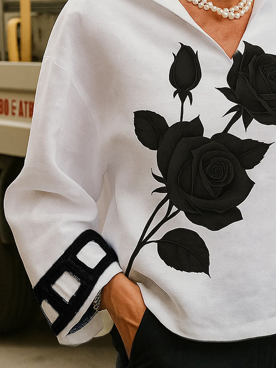 Loose Three-Quarter Sleeves Flower Print Split-Joint V-Neck Blouses&Shirts Tops