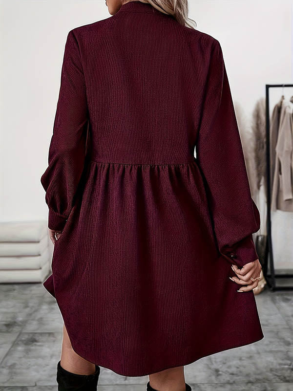 A-Line Elasticated Waist Belted Buttoned Pleated Solid Color Split-Joint Stand Collar Midi Dresses Shirt Dress