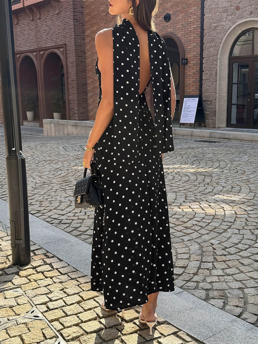 A-Line High Waisted Backless Contrast Color Polka-Dot Split-Joint Halter-Neck Midi Dresses