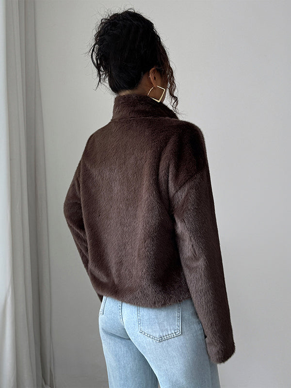 Long Sleeves Loose Pockets Solid Color Zipper Stand Collar Outerwear Sweater Tops