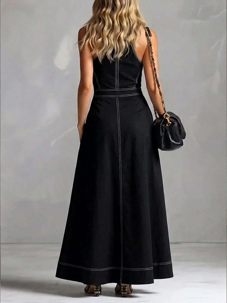 A-Line High Waisted Pleated Pockets Solid Color Zipper Stand Collar Maxi Dresses