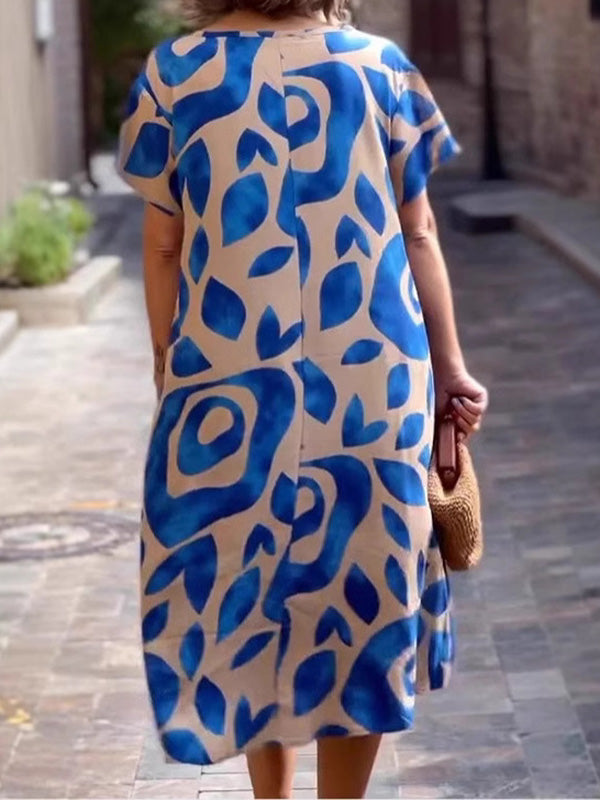 Loose Plus Size Floral Printed Split-Joint Round-Neck Midi Dresses