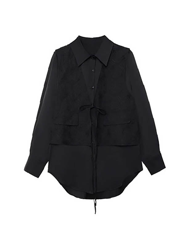 Solid Color Split-Joint Asymmetric Drawstring Flower Print False Two Lapel Buttoned Pockets Blouses&Shirts Tops + Elasticated Waist Double Layered Skirts Bottoms Two Pieces Set