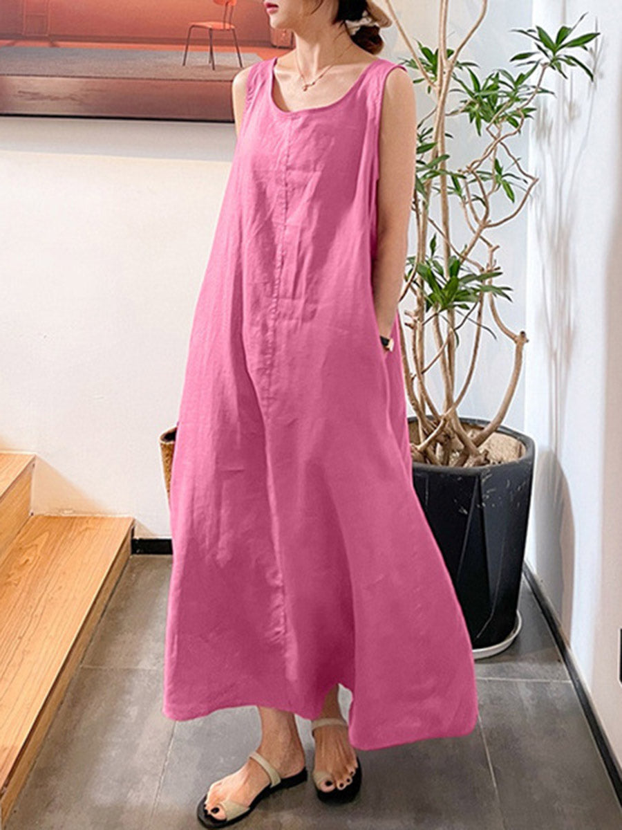 A-Line Loose Pockets Solid Color Split-Joint Square-Neck Maxi Dresses