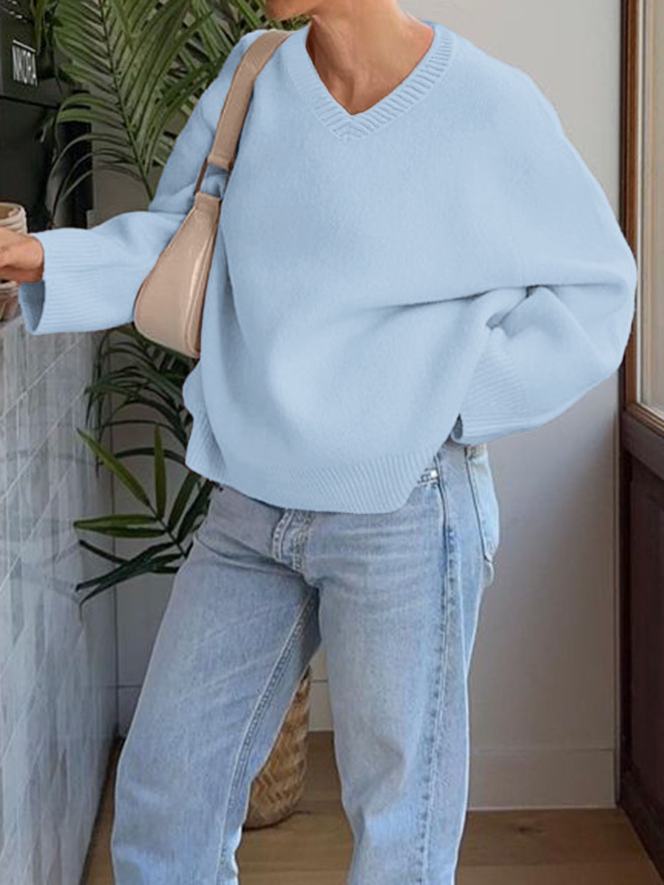 Long Sleeves Loose Ribs Solid Color V-Neck Sweater Tops
