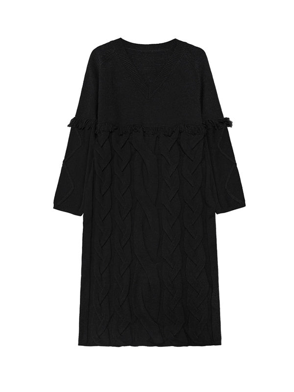 Long Sleeves Loose Solid Color Split-Joint Tasseled V-Neck Midi Dresses Sweater Dresses