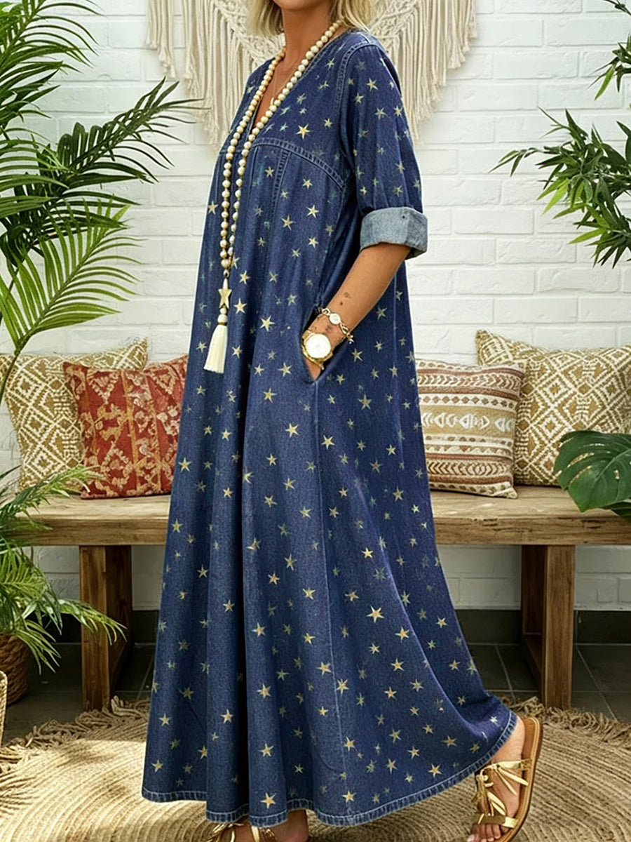 A-Line Long Sleeves Pleated Pockets Printed Split-Joint V-Neck Maxi Dresses