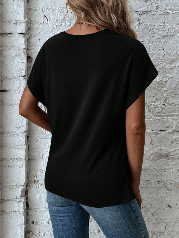 Batwing Sleeves Loose Asymmetric Pleated Solid Color Split-Joint Round-Neck T-Shirts