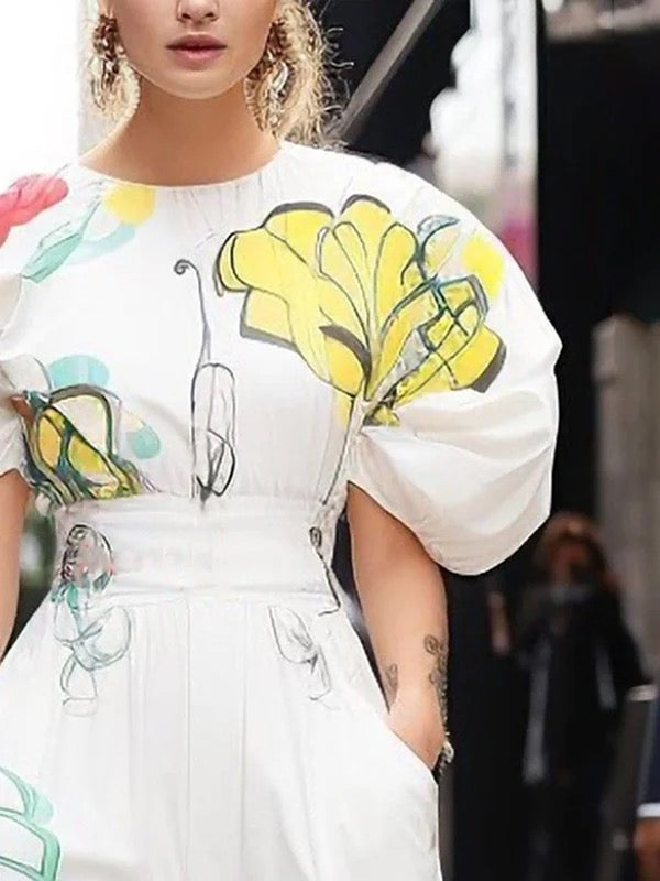Half Sleeves Puff Sleeves Elasticity Flower Print Pleated Round-neck Blouses&shirts Tops