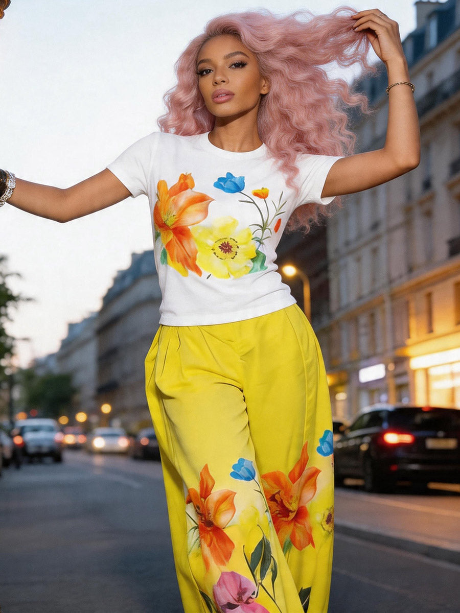 High Waisted Loose Flower Print Pockets Solid Color Pants Trousers