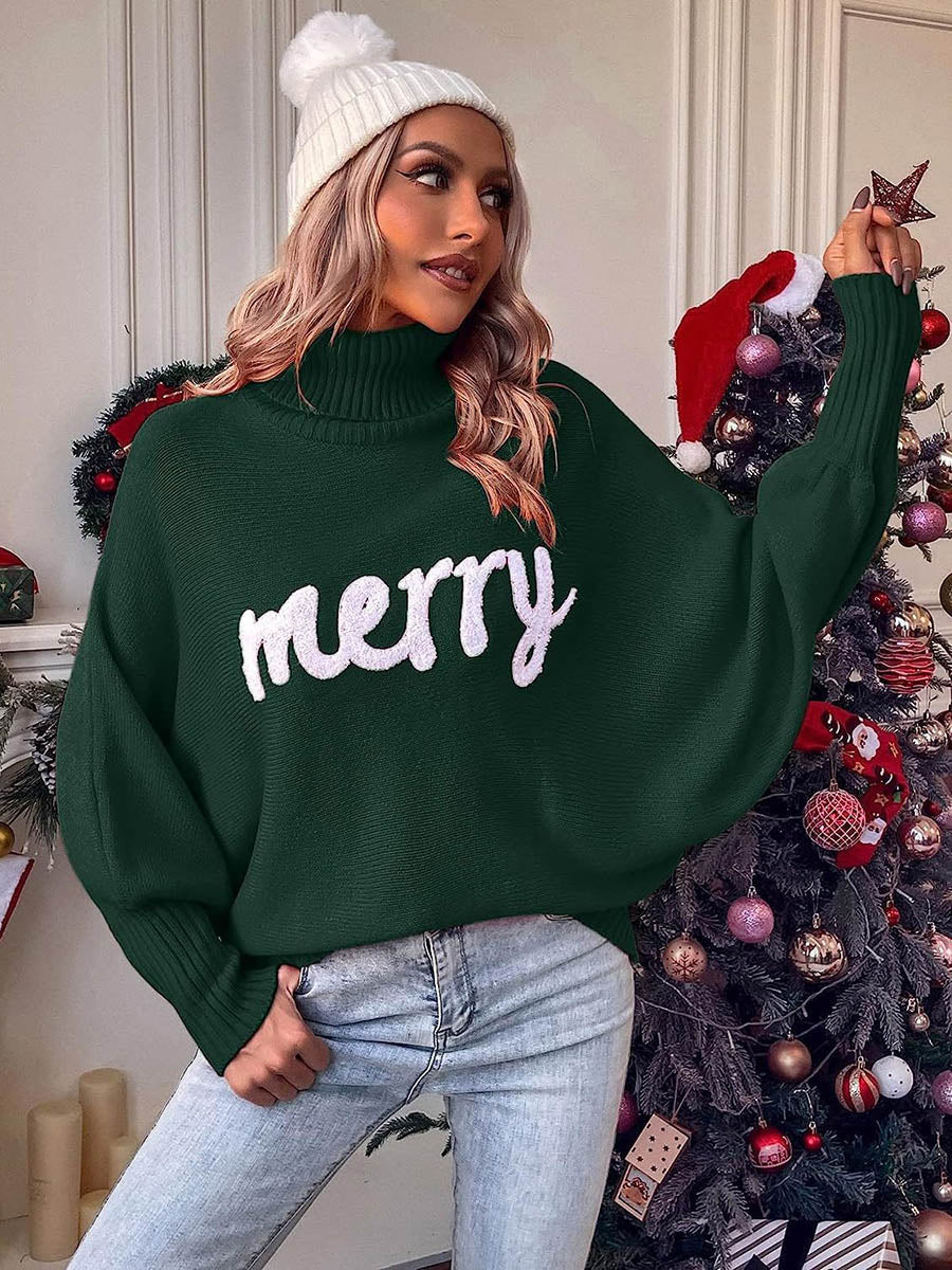 Long Sleeves Loose Contrast Color Printed Split-Joint High Neck Sweater Tops