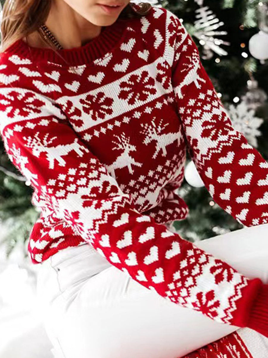 Long Sleeves Contrast Color Knitted Flower Round-Neck Pullovers Sweater Tops