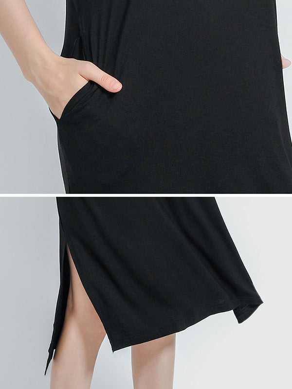 Simple Short Sleeves Loose Split-Side Solid Color V-Neck Pajamas Dress