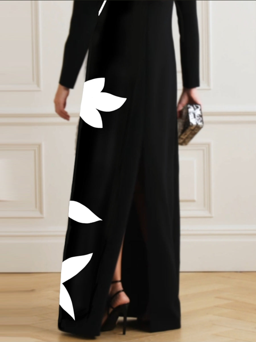 Long Sleeves Loose Contrast Color Flower Print Split-Joint Round-Neck Maxi Dresses