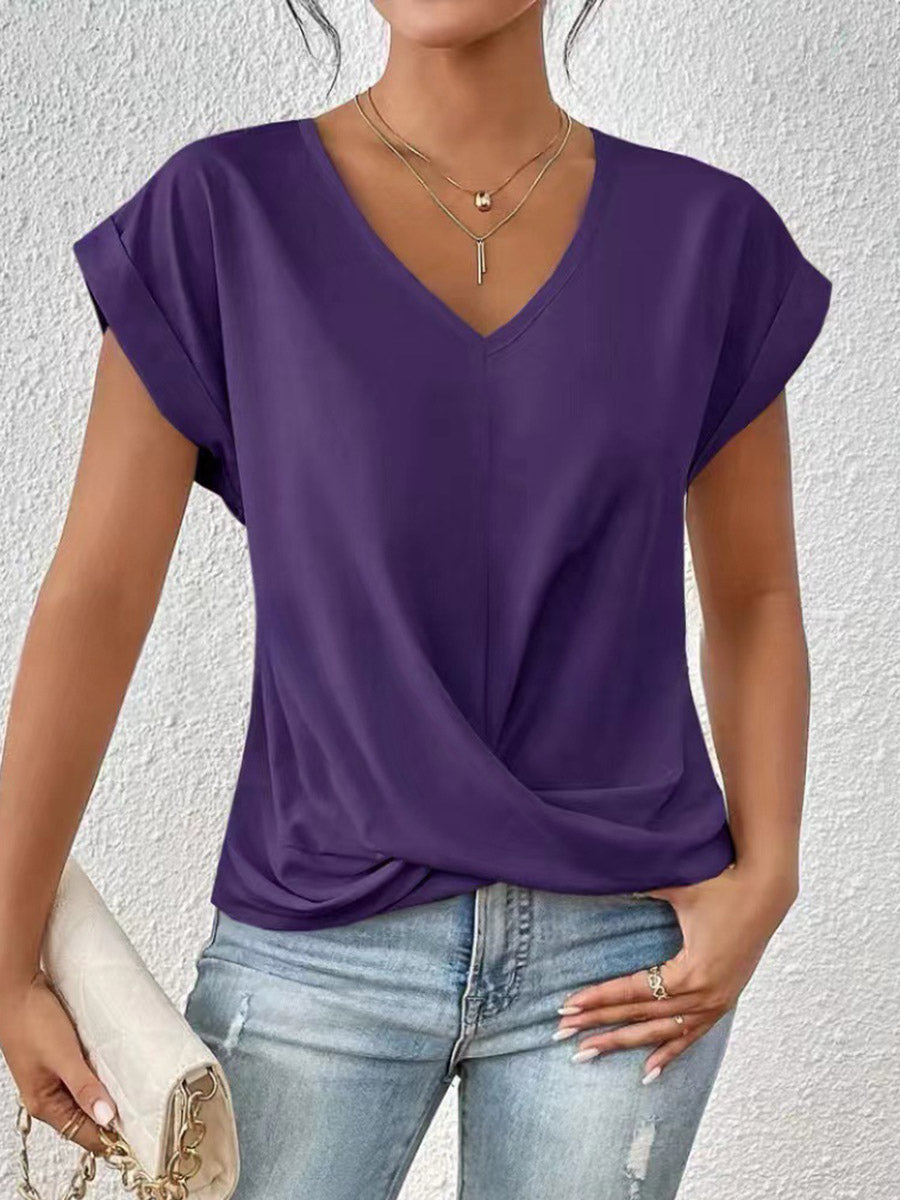 Loose Plus Size Pleated Solid Color V-Neck T-Shirts Tops
