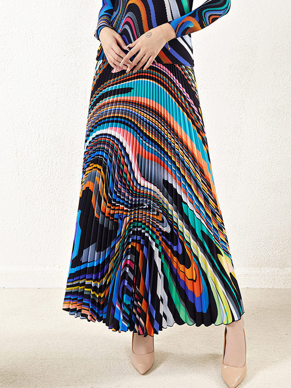 Long Sleeves Contrast Color Pleated Mock Neck T-Shirt Top + Printed A-Line Skirts Bottom Two Pieces Set