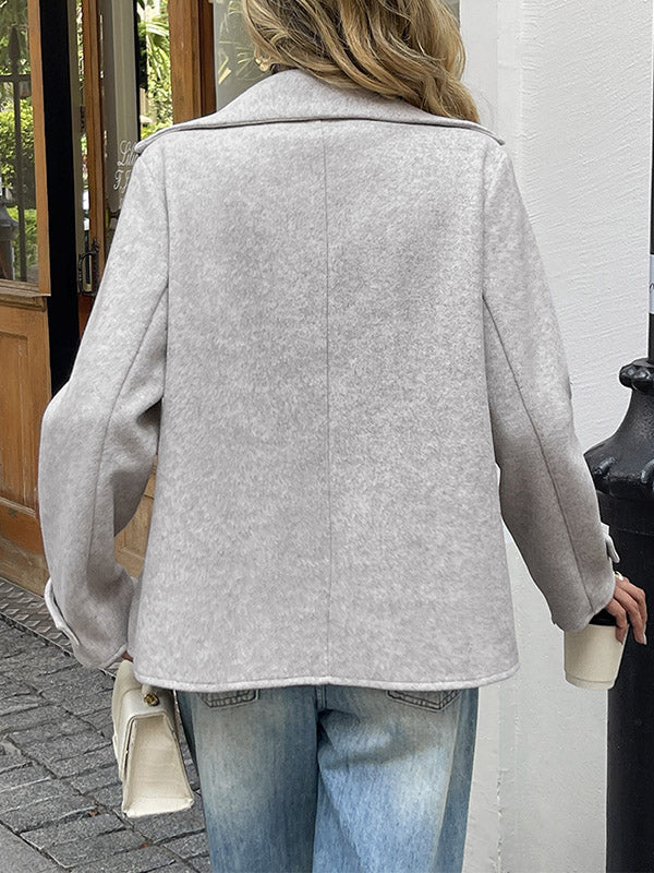 Long Sleeves Loose Buttoned Double-Breasted Solid Color Lapel Blazer Outerwear