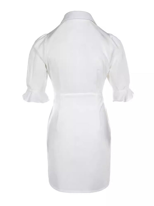 Puff Sleeves Short Sleeves Solid Color Split-Joint Lapel Mini Dresses Shirt Dress