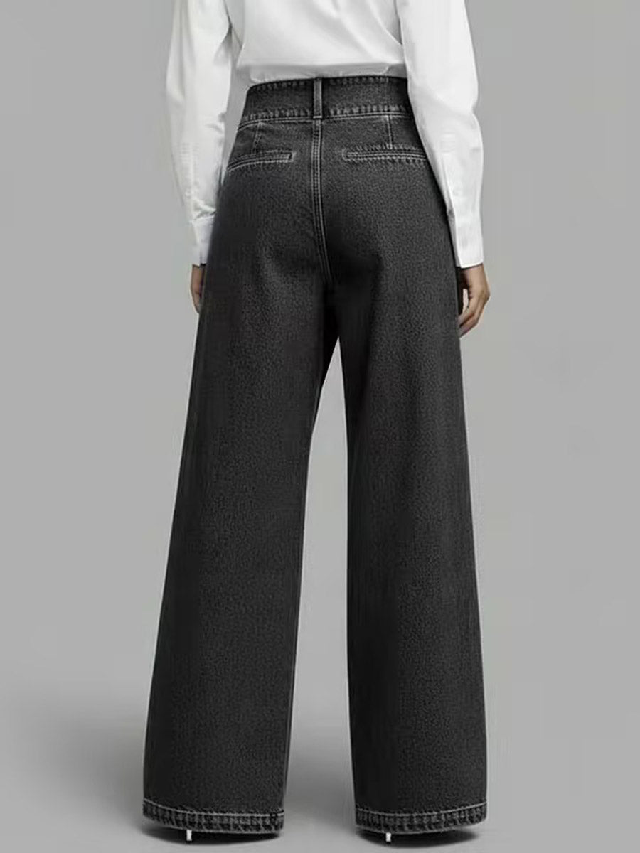 High Waisted Loose Asymmetric Buttoned Interlace Pockets Solid Color Split-Joint Jean Pants Bottoms Trousers