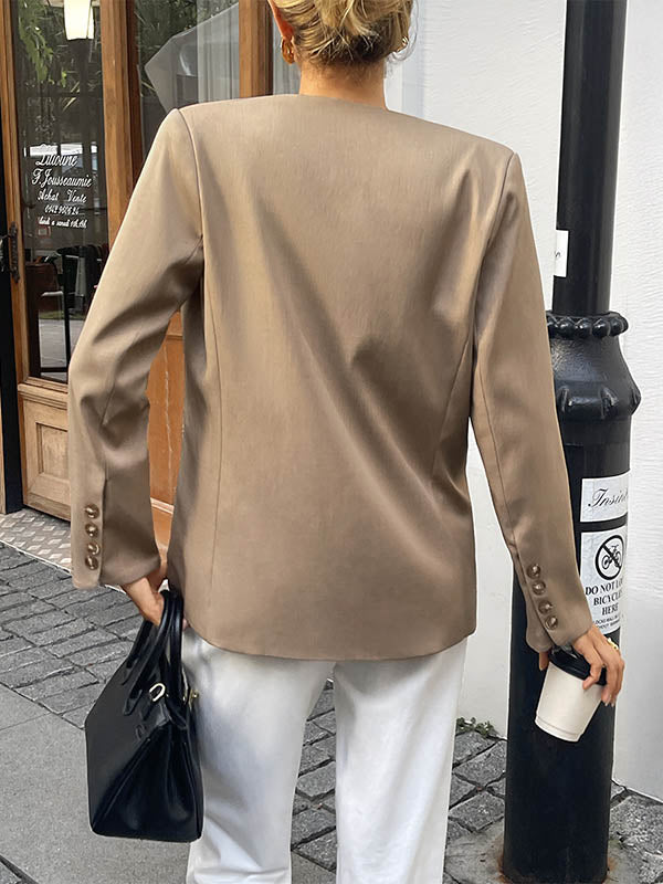 Long Sleeves Loose Buttoned Solid Color Split-Joint Collarless Blazer Outerwear