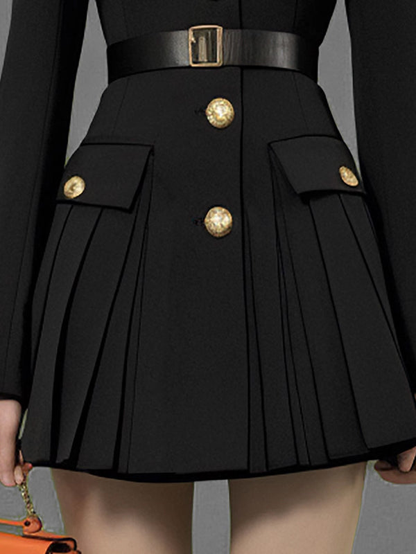 Elasticated Waist Long Sleeves Belted Buttoned Contrast Color Pleated Single-Breasted Lapel Mini Dresses Shirt Dress