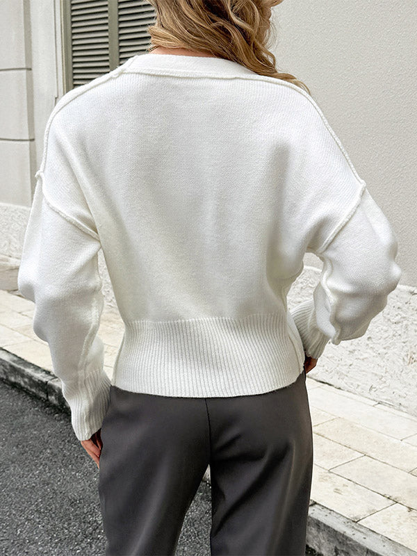 Long Sleeves Skinny Buttoned Ribs Solid Color Collarless Cardigan Tops