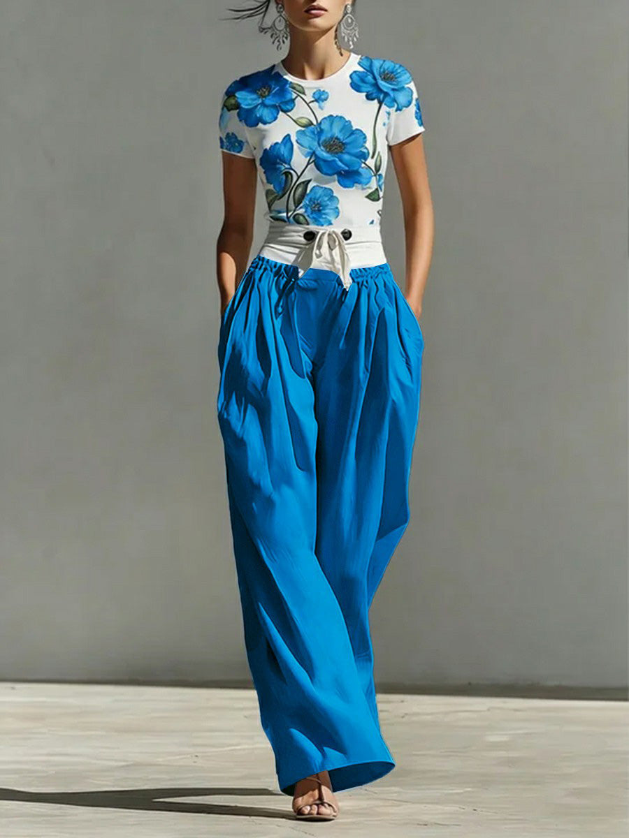 High Waisted Wide Leg Buttoned Contrast Color Pleated Pockets Split-Joint Tied Waist Pants Trousers