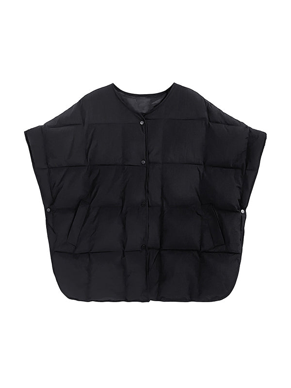 Batwing Sleeves Half Sleeves Buttoned Solid Color Round-Neck Padded Vest