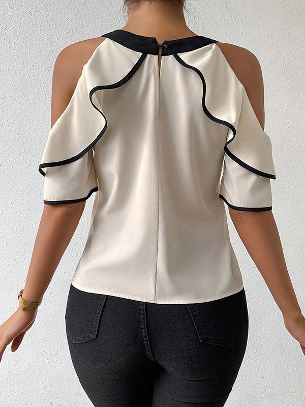 Loose Short Sleeves Contrast Color Double Layered Tied Cold Shoulder Blouses&Shirts Tops
