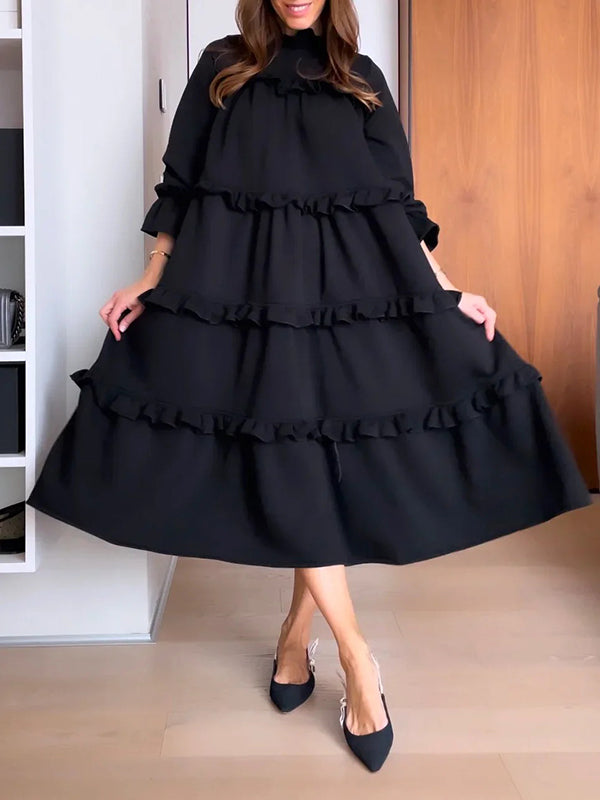 A-Line Loose Ruffled Solid Color Split-Joint Round-Neck Maxi Dresses
