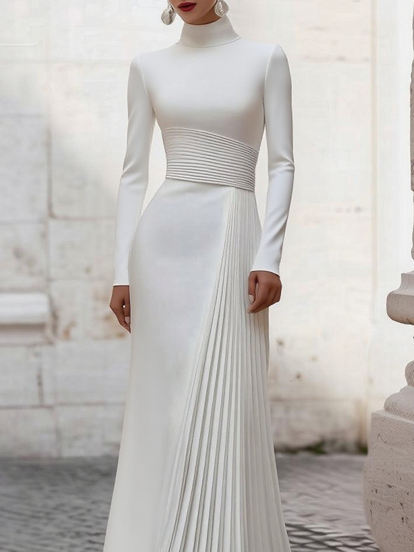 High Waisted Long Sleeves Pleated Solid Color Split-Joint Zipper Mock Neck Maxi Dresses
