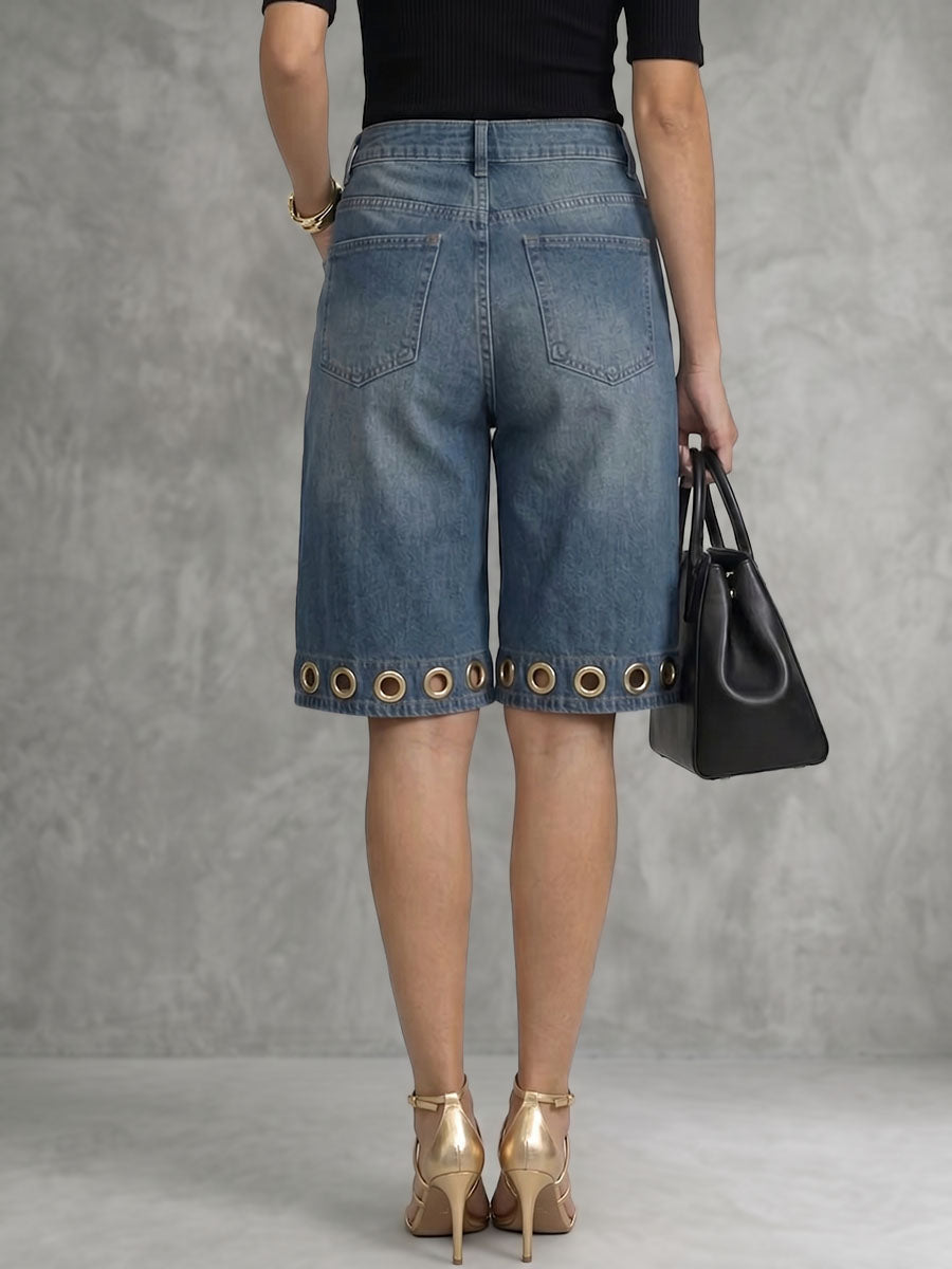 High Waisted Wide Leg Buttoned Hollow Pockets Solid Color Split-Joint Jean Pants Bottoms Shorts Bottoms