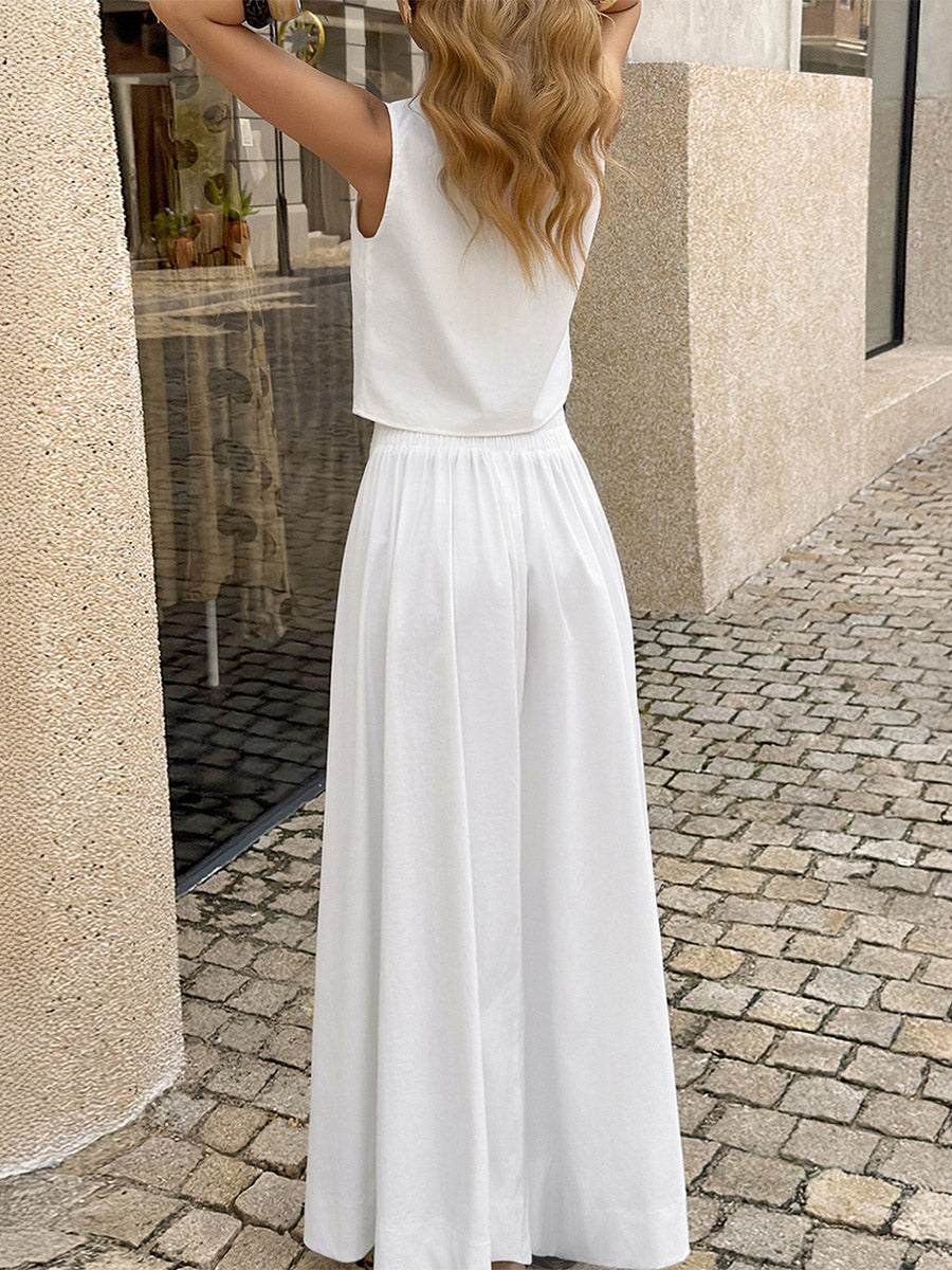 Loose Sleeveless Buttoned Solid Color Split-Side Round-Neck Vest Top + Pants Bottom Suits