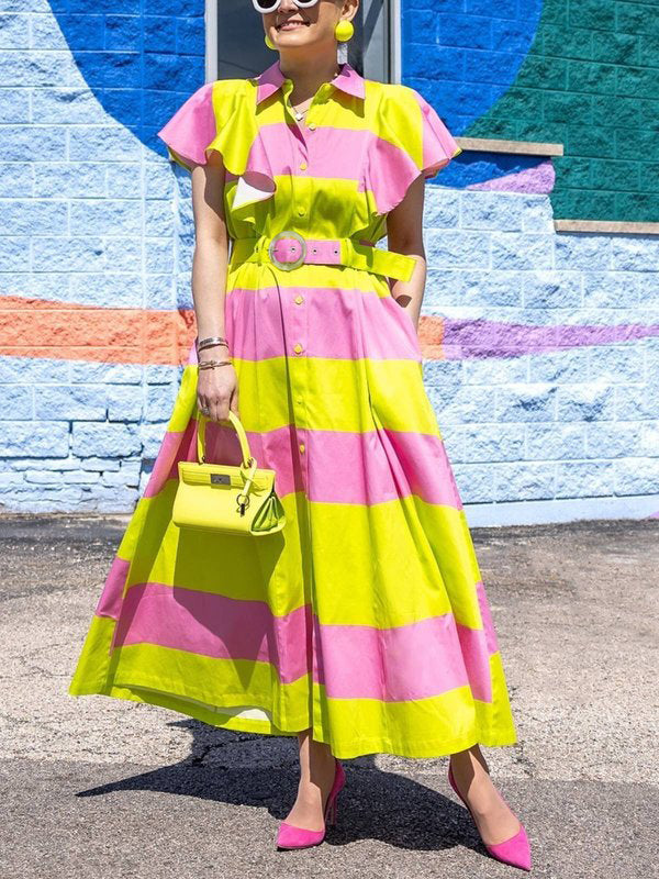 High Waisted Loose Belted Buttoned Contrast Color Pleated Pockets Lapel Maxi Dresses Shirt Dress