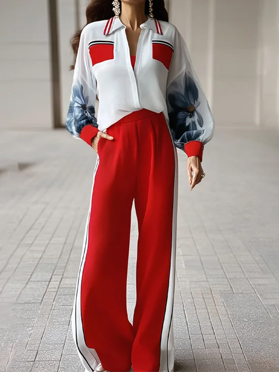 Long Sleeves Loose Contrast Color Ink-Printing Split-Joint Lapel Blouses&Shirts Tops