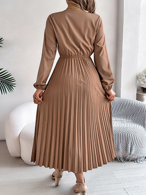 Elasticated Waist High Waisted Pleated Solid Color V-Neck Midi Dresses