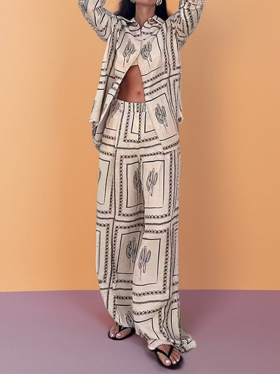 Loose Contrast Color Geometric Printed Split-Joint Long Sleeves Buttoned Lapel Blouses&Shirts Tops + Pants Two Pieces Set