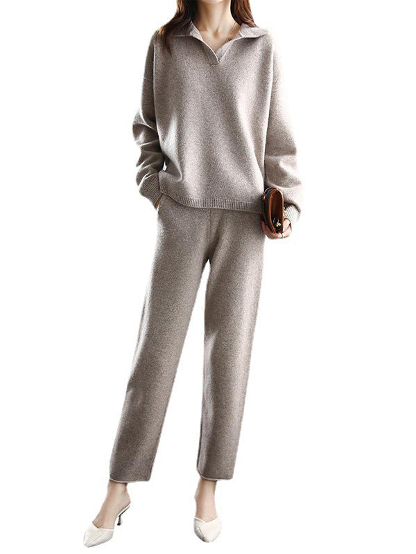 Solid Color Long Sleeves Loose Polo Sweater Top Pants Bottom Two Pieces Set