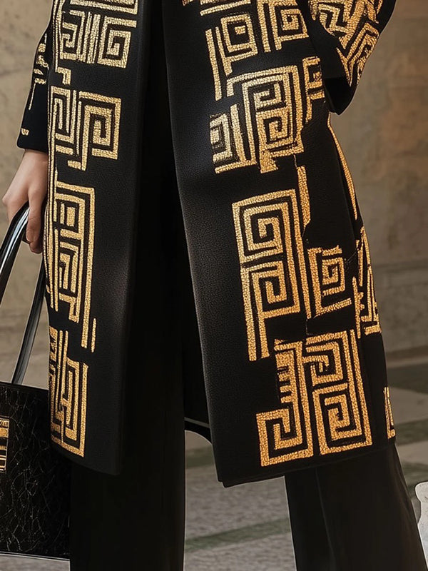 Long Sleeves Loose Buttoned Contrast Color Pockets Notched Collar Woolen Coat