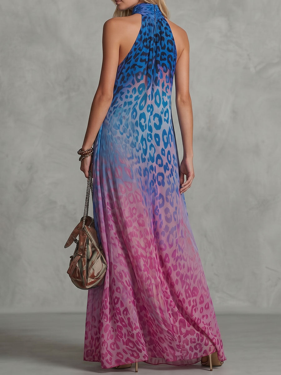 A-Line Sleeveless Contrast Color Leopard Pleated Printed Split-Joint Mock Neck Maxi Dresses