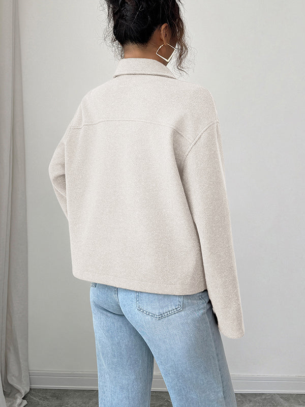 Long Sleeves Loose Solid Color Zipper Lapel Outerwear