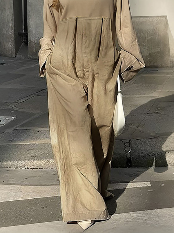 Long Sleeves Loose Pleated Pockets Split-Joint Round-Neck Jumpsuits