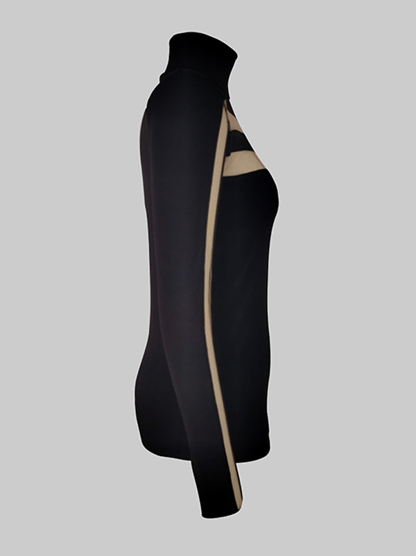 Long Sleeves Skinny Mesh Solid Color Split-Joint High Neck T-Shirts Tops