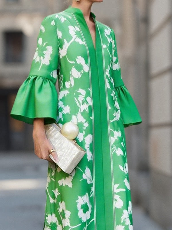 Flared Sleeves Loose Flower Print Pleated Pockets Split-Side V-Neck Maxi Dresses