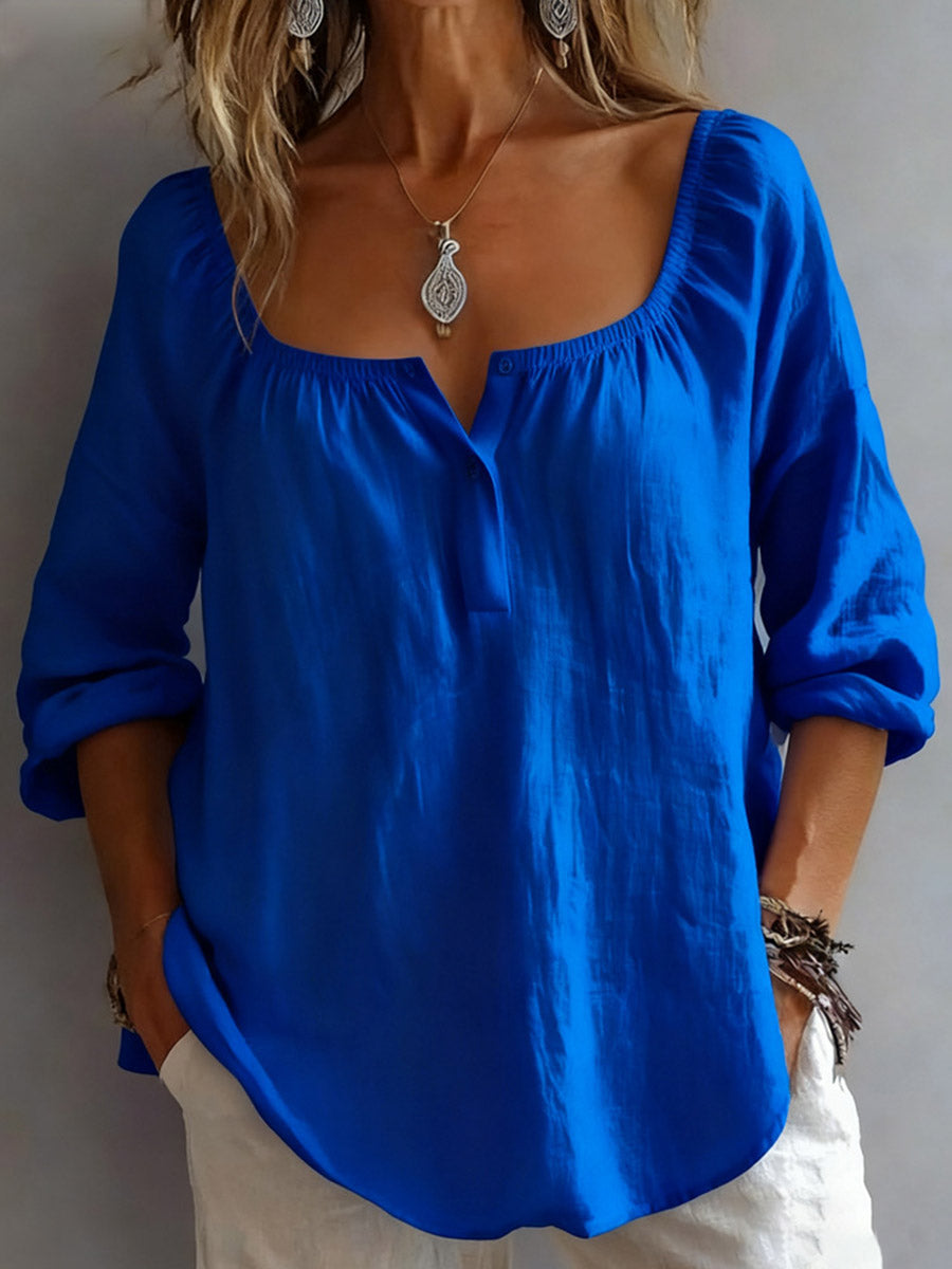 Long Sleeves Loose Buttoned Pleated Solid Color Split-Joint Square-Neck T-Shirts Tops