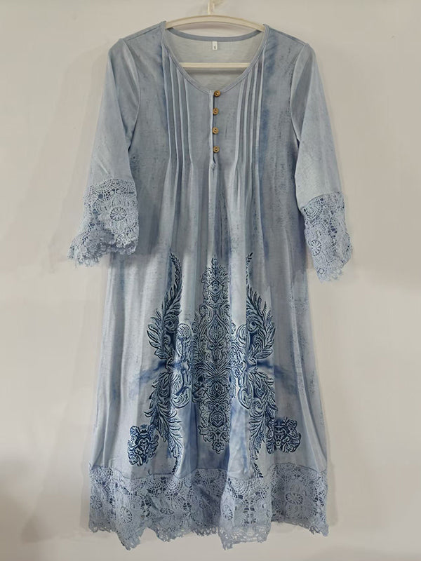 A-Line Long Sleeves Flower-Embellished Buttoned Contrast Color Split-Joint V-Neck Midi Dresses