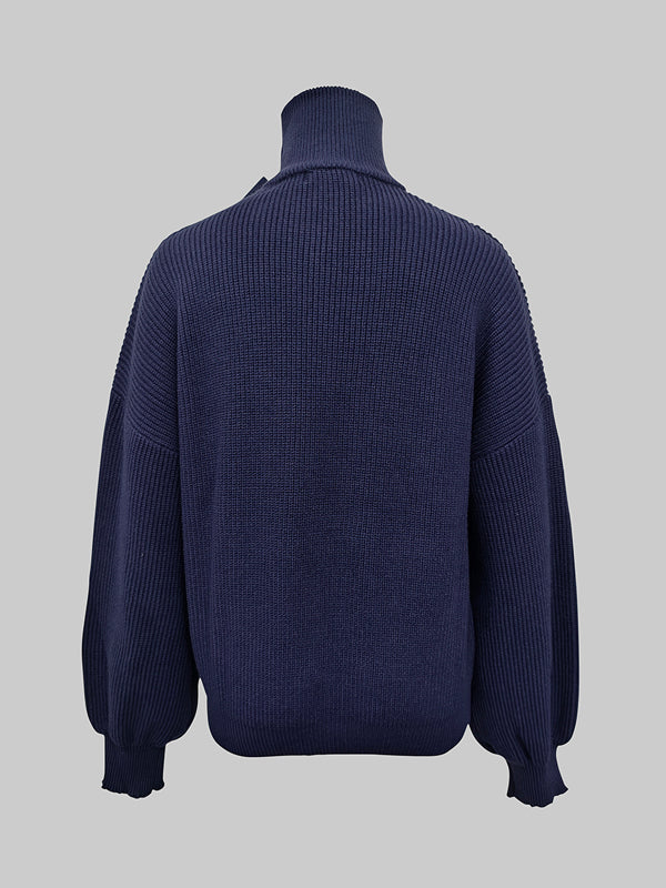 Loose Puff Sleeves Bowknot Solid Color Split-Joint High Neck Sweater Tops